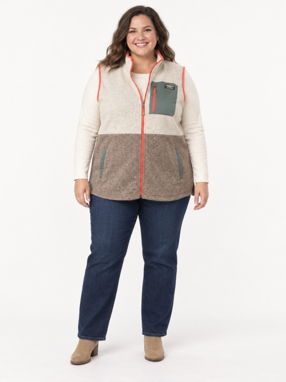 L.L.Bean 2X Plus Colorblock Sweater Fleece Vest Brown Oatmeal Coral